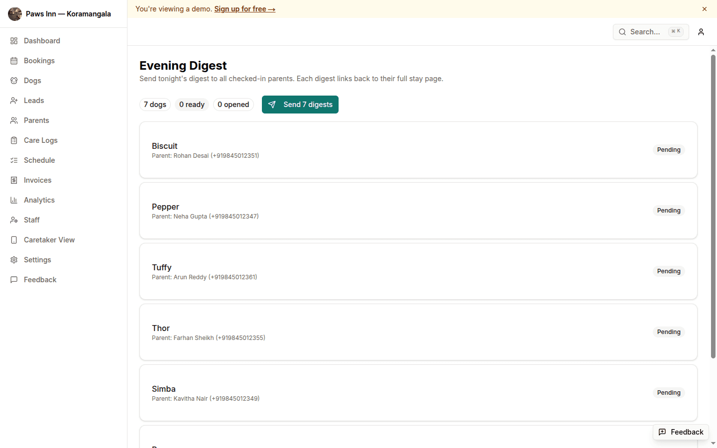 Daily update view showing a care summary sent to a pet parent