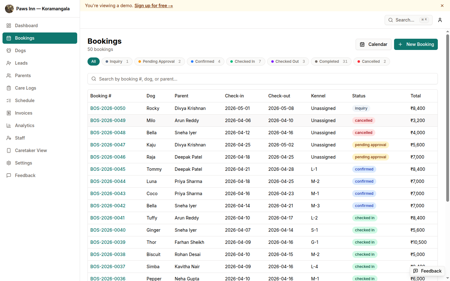 Bookings list with status filters