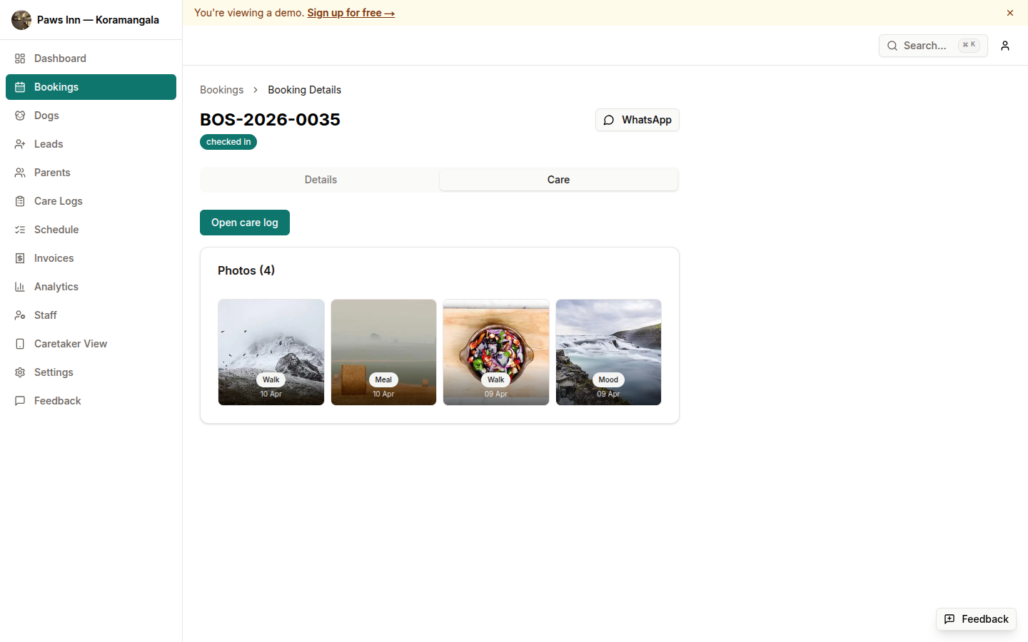 Care log timeline on booking detail