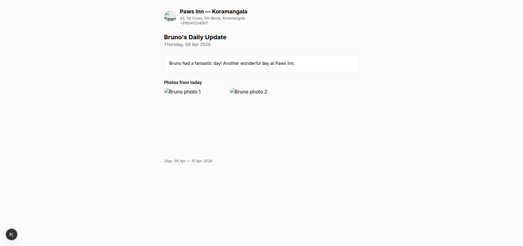 Daily update page with facility branding, warm summary, and photos