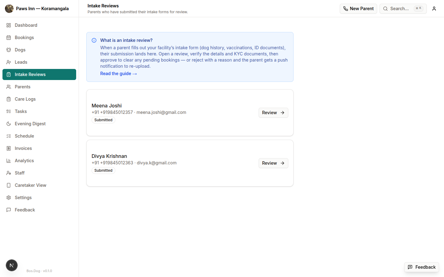 Intake reviews queue with pending submissions