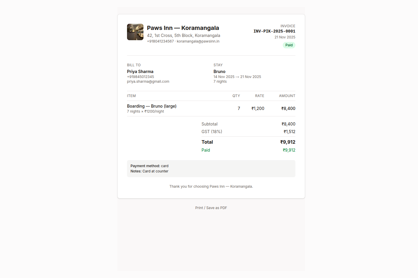Invoice detail with line items and GST