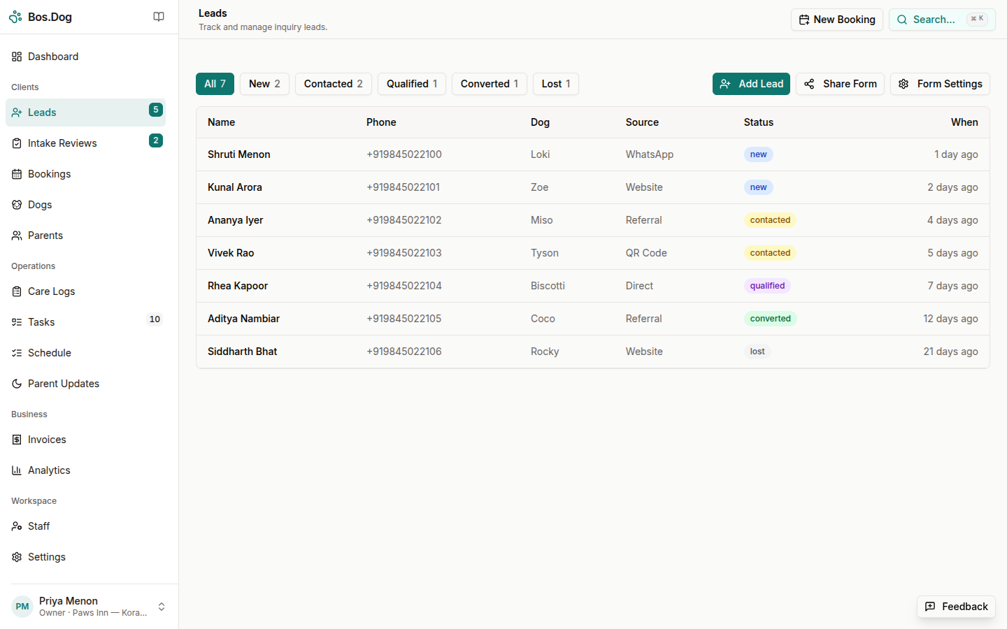 Leads page showing status filter chips and a table of leads with name, phone, dog, source, status, and time