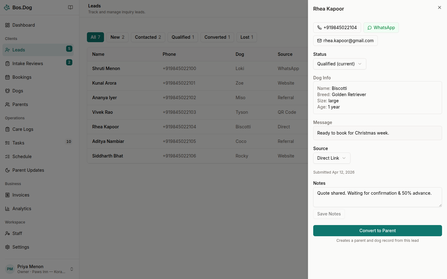 Lead detail sheet showing contact links, status dropdown, dog info, message, source, internal notes, and a Convert to Parent button