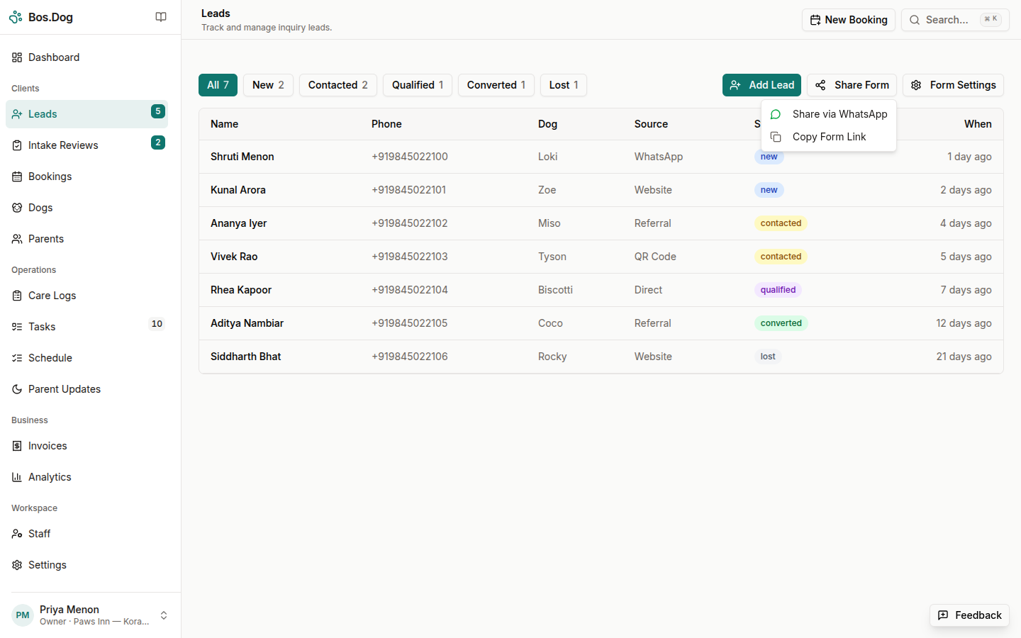 Share Form dropdown showing Share via WhatsApp and Copy Form Link options