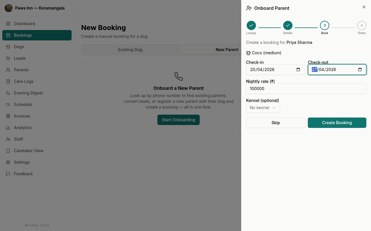 Book step showing check-in/out dates, nightly rate, kennel selector, and Create Booking button