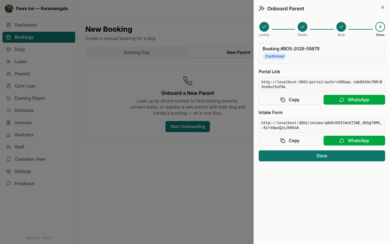 Share step showing booking number, confirmed badge, portal link and intake form with WhatsApp and Copy buttons