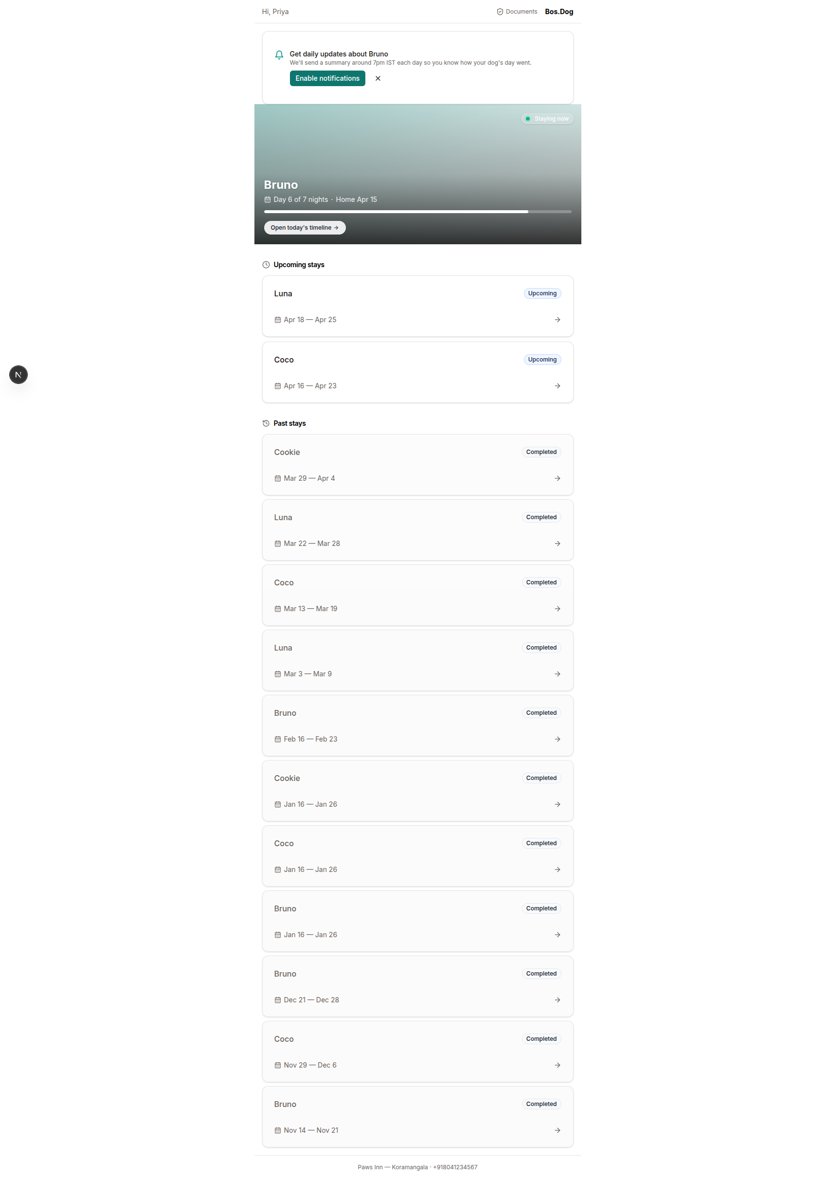 Parent portal home screen showing an active stay with day count and progress bar