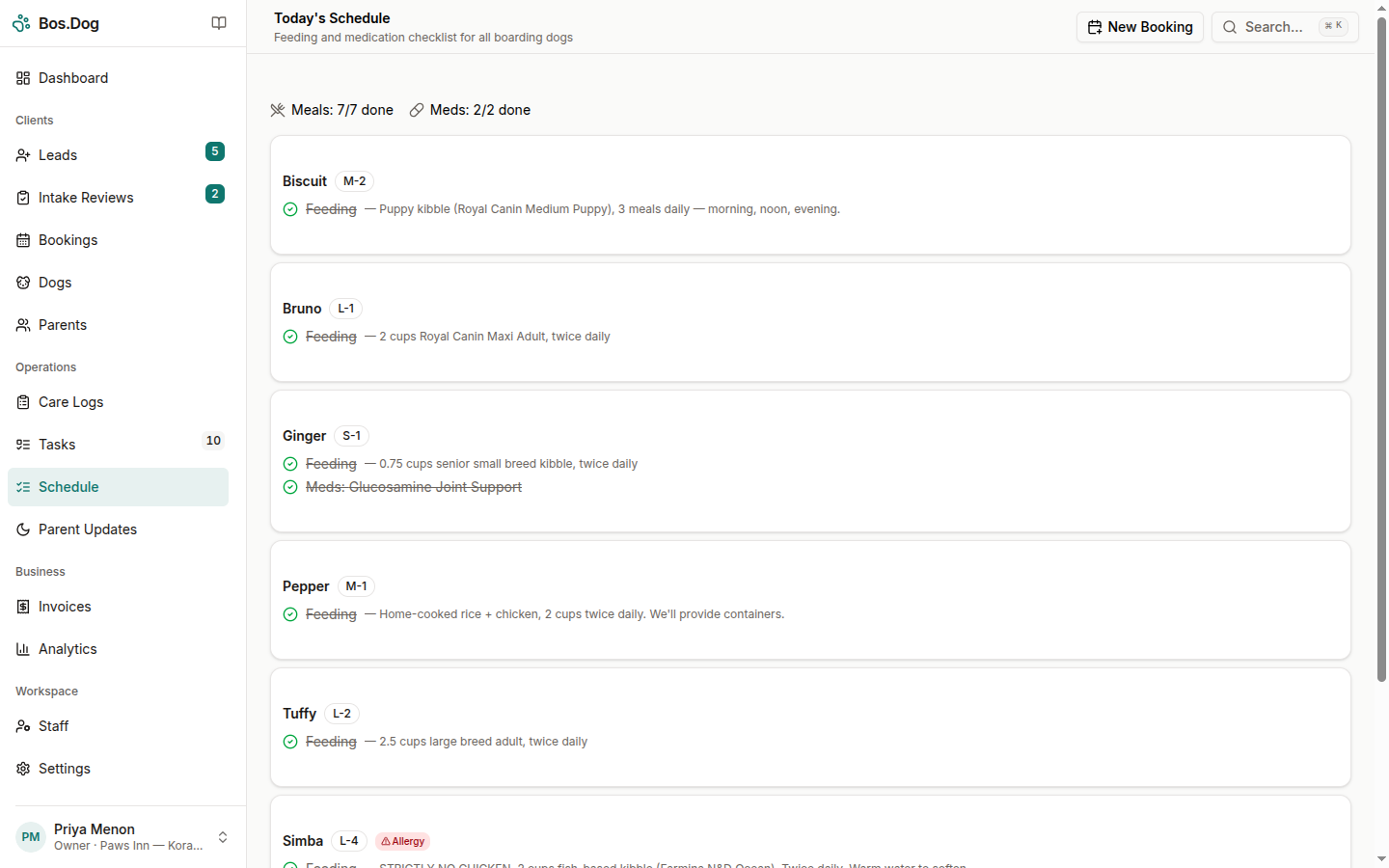 Today's Schedule page with meal and medication counters and a list of checked-in dogs