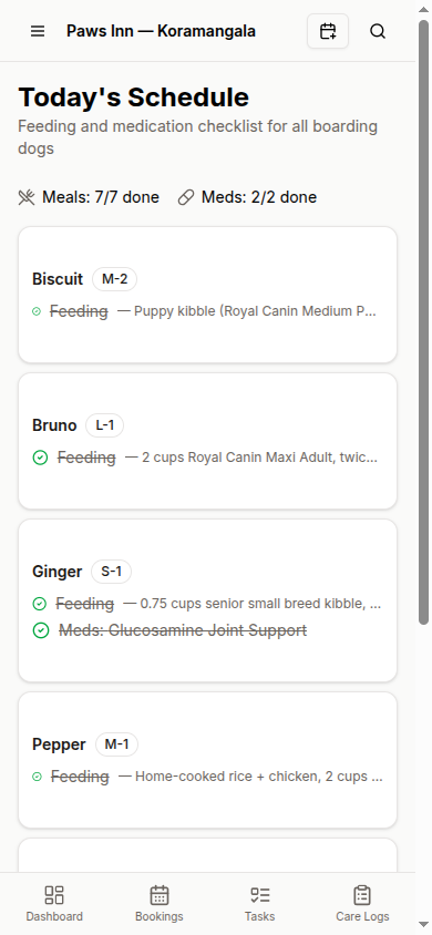 Today's Schedule on a mobile device with green check marks on completed feedings