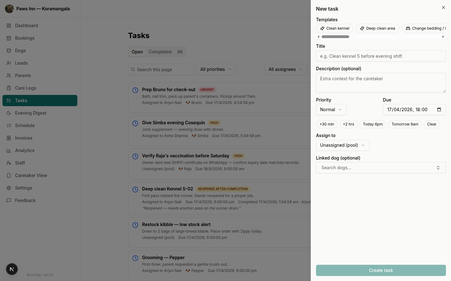 Task form drawer with one-tap templates