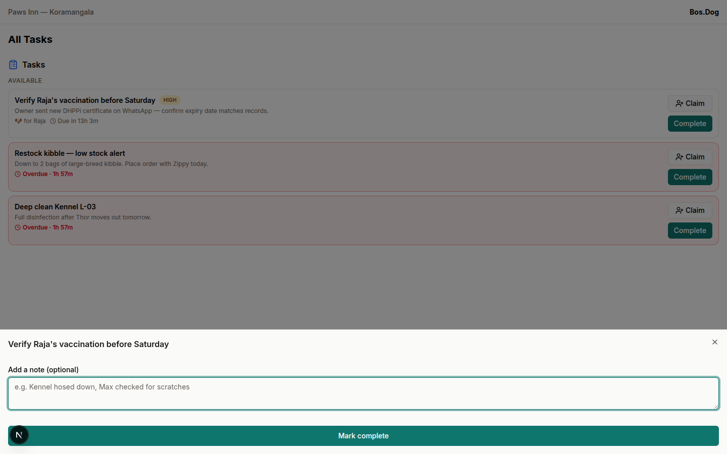 Complete task sheet with optional note